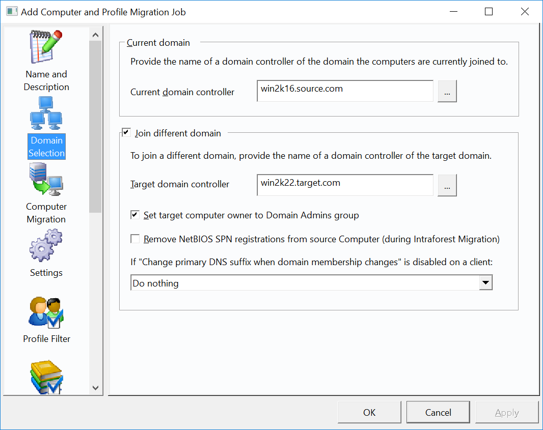 Domain selection for user profile migration